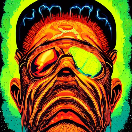 Prompt: a digital painting of a man with a strange face, poster art by dan mumford, behance contest winner, psychedelic art, cosmic horror, apocalypse art, darksynth