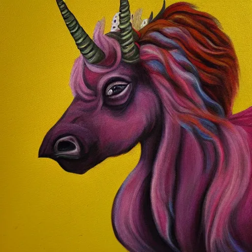 Image similar to A Bufficorn, a mythical animal which is half buffalo, half Unicorn. painting