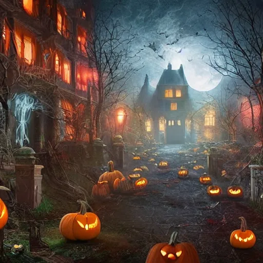 Image similar to spooky Halloween party, Fantasy Hyper detailed digital matte painting, concept art, hyperrealism, Cinema 4D, 8k resolution, 64 megapixels, coherent, bokeh, CGSociety, ZBrush Central, behance HD, hypermaximalist, a masterpiece, 4K