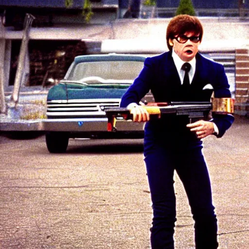 Image similar to austin powers shooting an ak - 4 7, photography, movie,