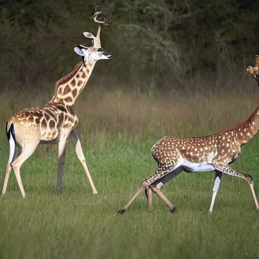 Prompt: photo of a deer shouting aggressively at a giraffe, giraffe doesn't care, award-winning photograph, national geographic, 8k