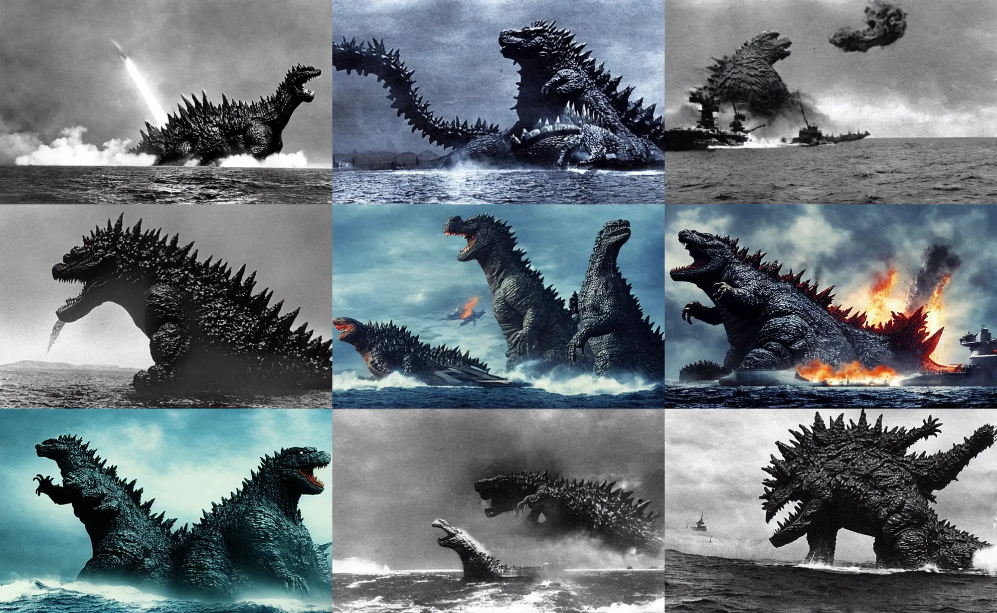 Prompt: Godzilla eating a warship closeup