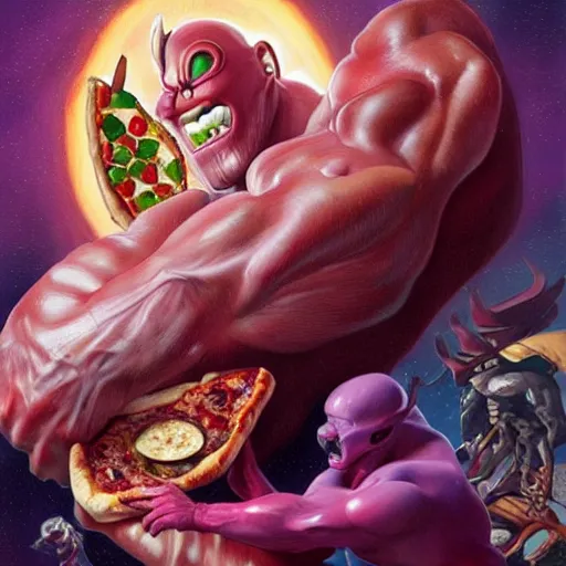 Image similar to ultra realistic illustration of the noid stealing a pizza from thanos, intricate, elegant, highly detailed, digital painting, artstation, concept art, smooth, sharp focus, illustration, art by artgerm and greg rutkowski and alphonse mucha