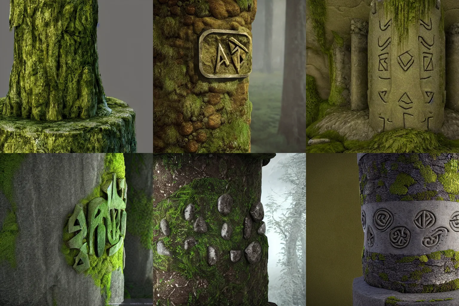 Prompt: ancient magic runes carved in a mossy stone column, concept art, cgsociety, octane render, trending on artstation, artstationHD, artstationHQ, unreal engine, 8k