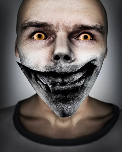 Image similar to scary photo of a man with his mouth in the form of a equilateral triangle, hyperrealism, bokeh, 8k, trending on