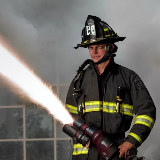 Prompt: photo of a firefighter using a flamethrower. award-winning, highly-detailed