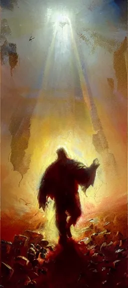 Prompt: evil and suffering being transformed into goodness, life, and peace. he holds a burden of darkness above him, but beneath his feet is a land of peace | epic painting by craig mullins