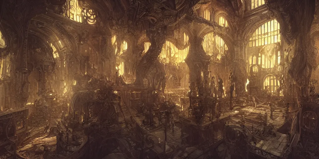 Image similar to ultra realistic illustration,, hell torture chamber interior from diablo and baldurs gate, intricate, elegant, highly detailed, digital painting, artstation, concept art, smooth, sharp focus, illustration, art by artgerm and greg rutkowski and alphonse mucha