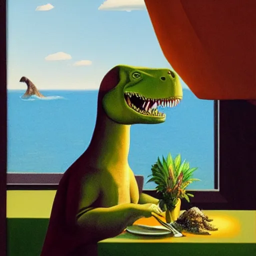 Image similar to a dinosaur takes you out for dinner by Raphael, Hopper, and Rene Magritte. detailed, romantic, enchanting, trending on artstation.