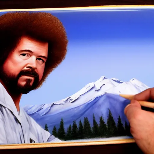 Image similar to a closeup photorealistic photograph of bob ross working on an image of kenny powers autographing a baseball on a canvas. mountains and trees. film still. brightly lit scene. this 4 k hd image is trending on artstation, featured on behance, well - rendered, extra crisp, features intricate detail, epic composition and the style of unreal engine.