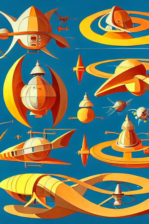 Prompt: incredibly detailed isometric bulbous spaceship model in gouache clean lines detailed bright funny paintings rotated left rotated right props stylised hieronymus bosch