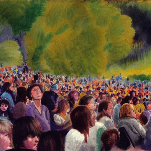 Prompt: fans at an outdoor concert by bob dylan 1 9 6 8, neo impressionism