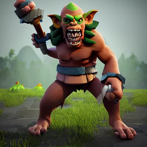 Image similar to barbarian goblin hybrid, clash royale, clash of clans, barbarian goblin hybrid clash of clans, clash royale, concept art, octane render, unreal engine 5, highly detailed, high quality, 8 k, soft lighting, realistic face, path traced