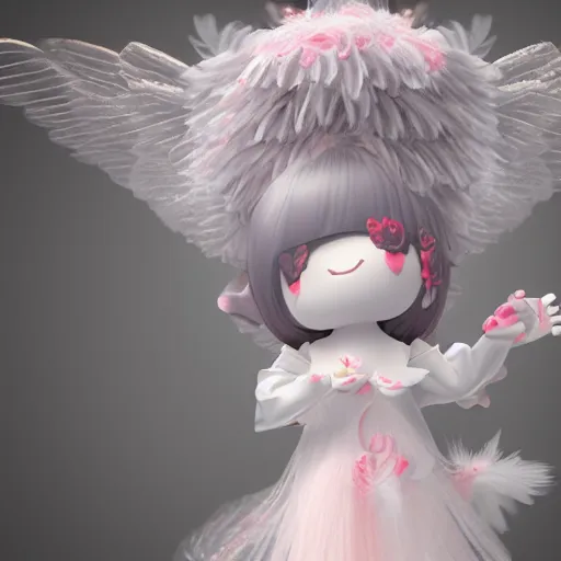 Image similar to cute fumo plush of a divine angel, gothic maiden, ribbons and flowers, ruffled wings, feathers raining, particle simulation, clouds, vray