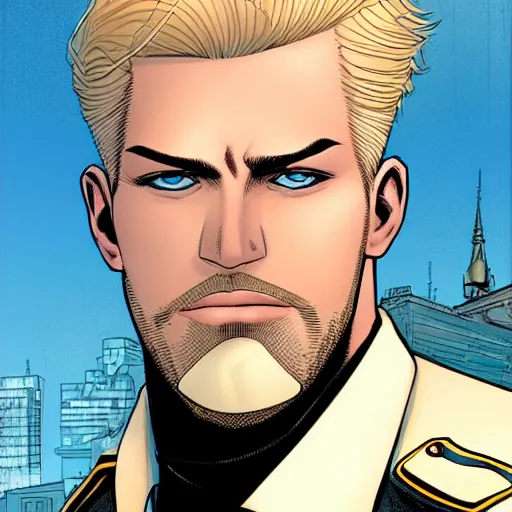 Prompt: portrait of a blonde pale police officer with short hair and a patchy beard, close up, grimy streets backdrop, detailed, art by russell dauterman and patrick gleason and stefano caselli and marco checchetto and esad ribic