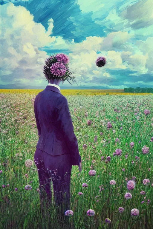 Prompt: portrait, huge thistle flower as a head, a girl in a suit in field of flowers, surreal photography, sunrise, blue sky, dramatic light, impressionist painting, digital painting, artstation, simon stalenhag