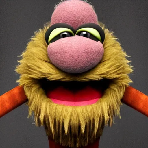 Image similar to a still of a forgotten muppet character looking very manly and modern, hilarious, laughing, hairy chest, huge chin, manly monster tough guy, roughled fur, photo real, photographic, photograph, artstation, trending, featured