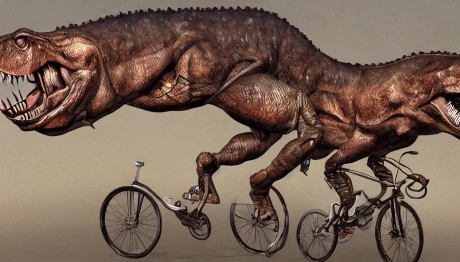 Image similar to a t - rex riding a bicycle, hyper realistic, anatomically accurate, high detail, photography