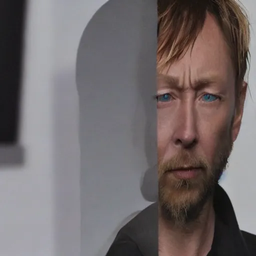 Image similar to thom yorke singer songwriter spherical tiny round eye pupils, eyes reflecting into eyes reflecting into infinity, dramatic lighting