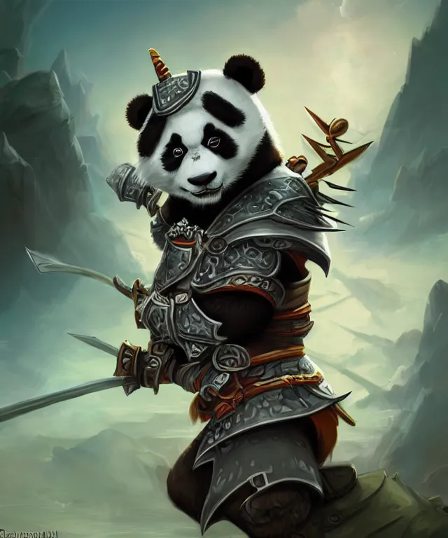 Image similar to a closeup portrait an anthropomorphic panda samurai, wearing armor with spiked shoulders, landscape in background, dnd character art portrait, world of warcraft style, by peter mohrbacher, cinematic lighting