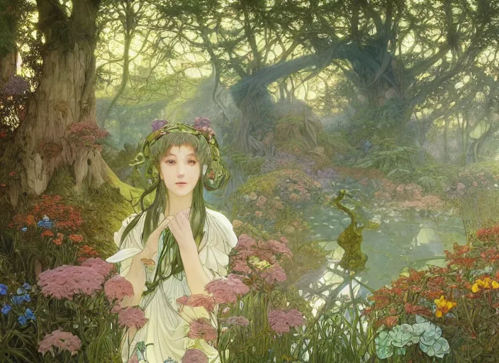 Prompt: desktop background, beautiful fantasy forest, path traced, highly detailed, high quality, digital painting, by studio ghibli and alphonse mucha, leesha hannigan, hidari, art nouveau, chiho aoshima, jules bastien - lepage