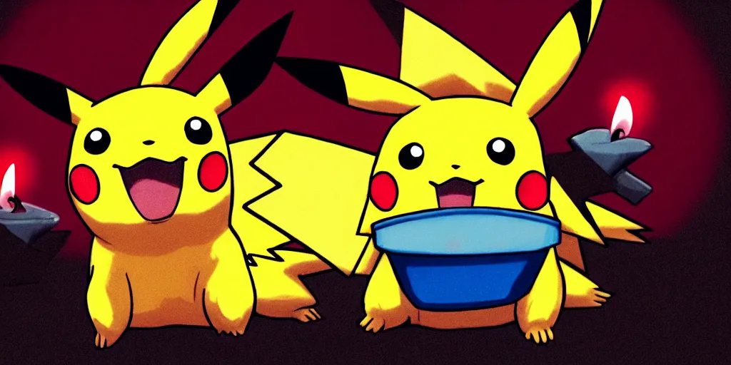 Image similar to pikachu devouring a dog, sharp teeth burtal eyes scary mouth dark room red candles trash bin