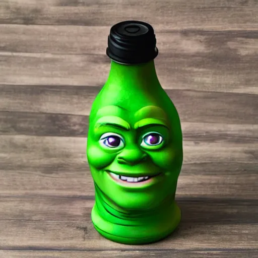 Image similar to a children's bottle inspired and themed in shrek's design, a bottle n the shape of shrek, high quality product, product design, sherek head design as a bottle,