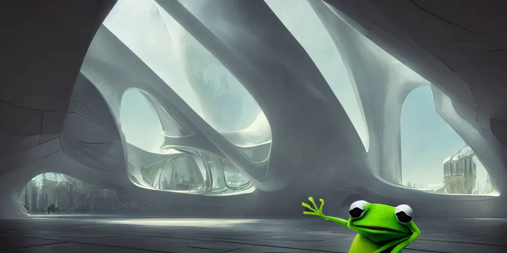 Prompt: kermit the frog, by tim blandin and arthur haas and bruce pennington and john schoenherr, big windows architecture by zaha hadid, octane render, warm colour scheme, white, cinematic, scenery, cgsociety, modernism, futuristic, trending on artstation, sci - fi, high detail, high quality, close up angle