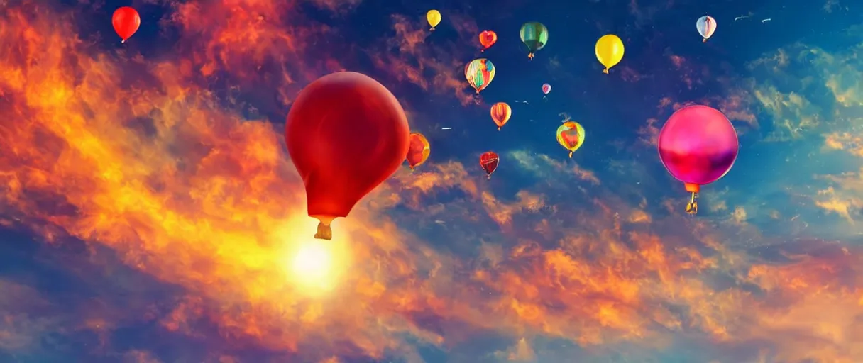 Image similar to joyful people are flying on colorful balloons, black hole on the sky, and they are moving into a fiery abyss in the sky, hyper realistic