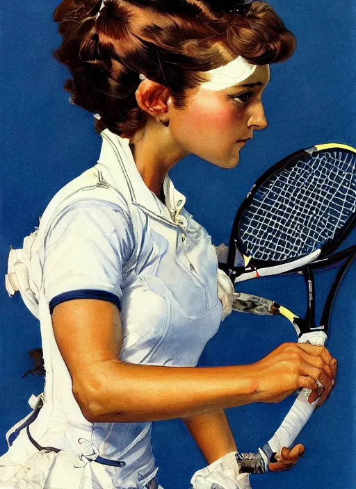 Image similar to a copic maker art nouveau portrait of a tennis player girl finely detailed features wearing an eva pilot suit designed by balenciaga by john berkey, norman rockwell akihiko yoshida