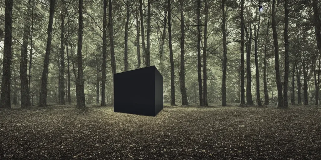Prompt: a black cube minimalist house in the woods and empty woods, 8k, fantasy, hyper realistic, dramatic lighting, cinematic
