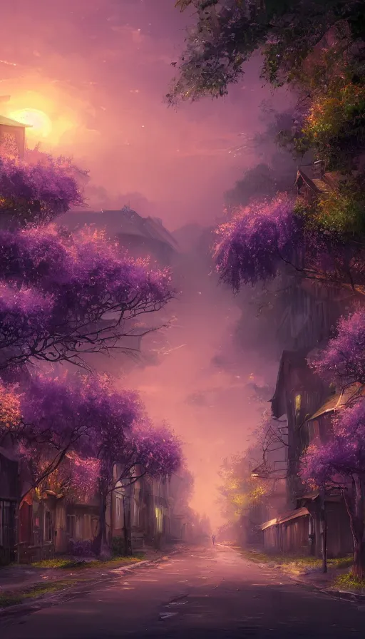 Prompt: landscape of a beautiful street full of wysteria, purple lighting, sunset, dusk. old houses by the road. hyper detailed, artstation cgsociety, 8 k