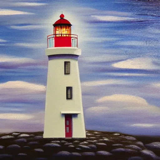 Image similar to oil painting of little lighthouse on the moon