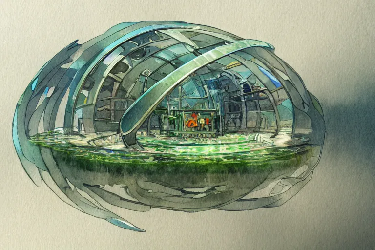 Image similar to watercolor artwork of futuristic underwater eco friendly city : : green, art nouveau, trending on artstation