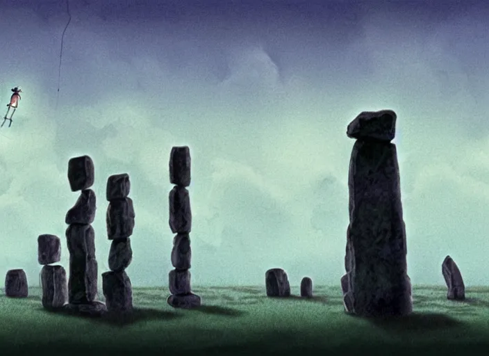 Prompt: a realistic cell - shaded studio ghibli concept art from paprika ( 2 0 0 6 ) of a floating alien from close encounters of the third kind ( 1 9 7 7 ) and a grey witch meditating on top of a pillar in a flooded stonehenge on a misty starry night. very dull colors, hd, 4 k, hq