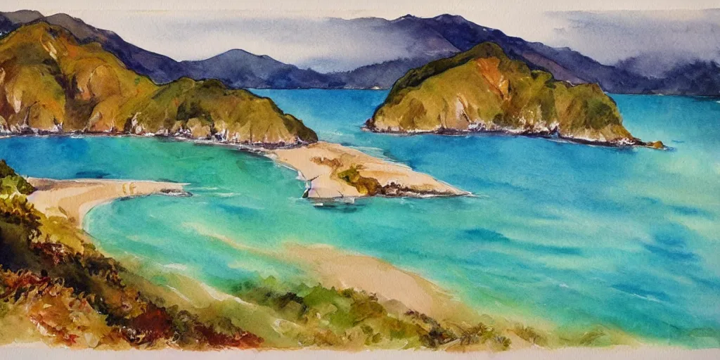 Image similar to golden bay new zealand, abel tasman, colorful watercolor painting, trending on artstation