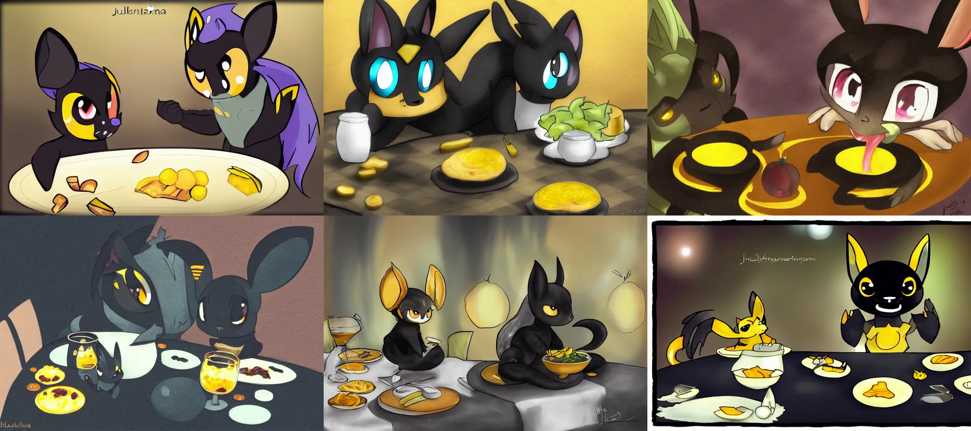 Prompt: umbreon eating dinner at a table happiness is temporary by juliathedragoncat