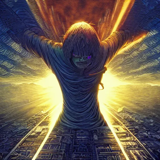 Prompt: the second coming of boogie man by dan mumford, yusuke murata, makoto shinkai, ross tran, cosmic, heavenly, god rays, intricate detail, cinematic, 8 k, cel shaded, unreal engine, featured on artstation, pixiv