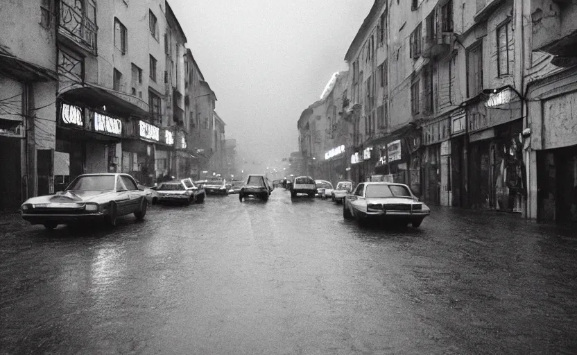 Prompt: 70s movie still of a soviet street from Sarajevo with cars and pedestrian , Cinestill 800t 18mm beuatiful black and white, heavy grainy picture, very detailed, high quality, 4k panoramic, cinematic, neon billboards and streetlight at night, rain, mud, foggy, cloudy