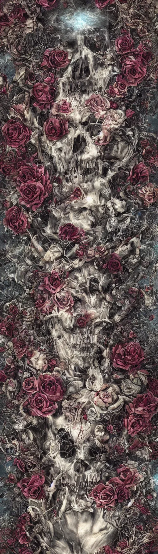 Image similar to the ghost in the machie, dense web of neurons firing, psychedelic lights and fog, skull and roses and gnr imagery, zdzislaw, ayami kojima, yamamoto, barclay shaw, karol bak, hyperrealist, 8 k