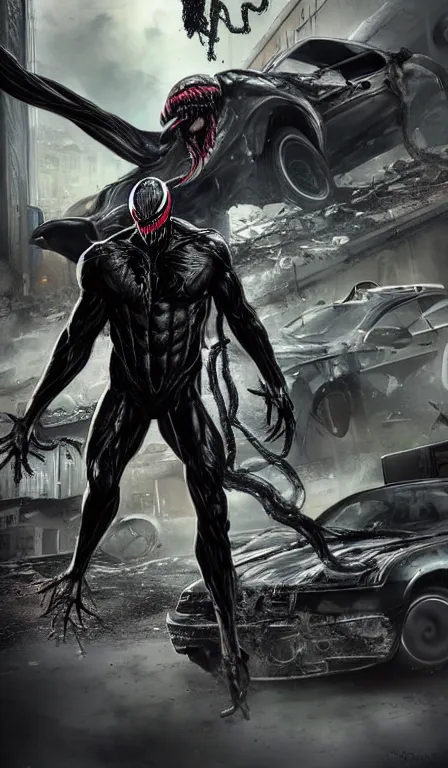 Image similar to Venom character standing on top of a destroyed car in an urban environment with his arms stretched wide, black slime, symbiote, sharp teeth, long tongue, green saliva, photorealistic by greghornart, DaveRapoza