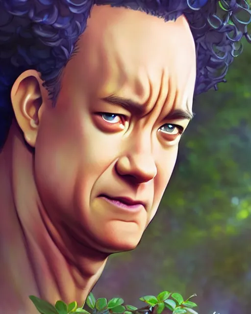 Image similar to character concept art of tom hanks as an anime dryad | cute - fine face, pretty face, realistic shaded perfect face, fine details by stanley artgerm lau, wlop, rossdraws, james jean, andrei riabovitchev, marc simonetti, and sakimichan, tranding on artstation