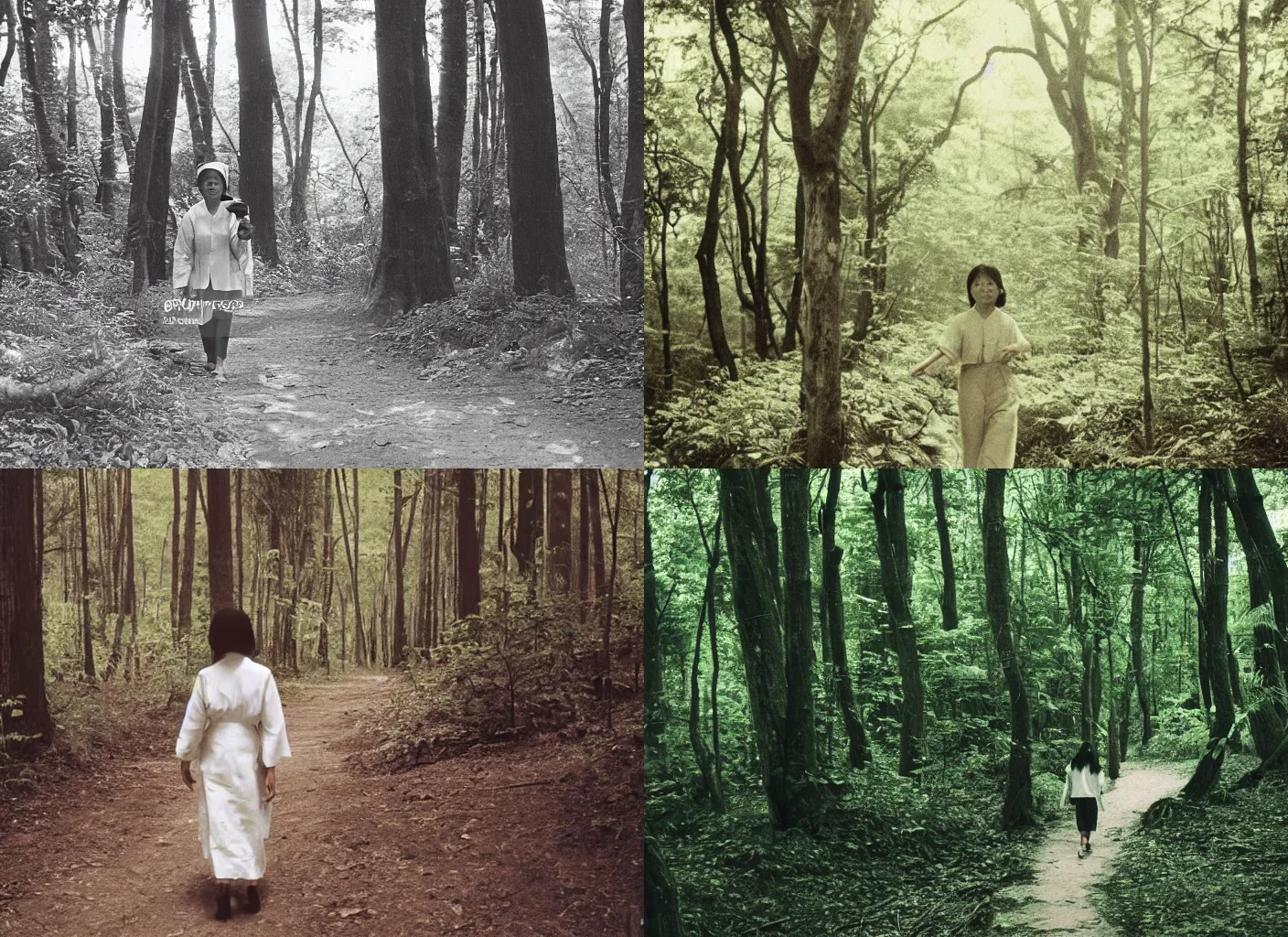 Prompt: An Asian woman in white is walking in the forest, 90's professional photograph.