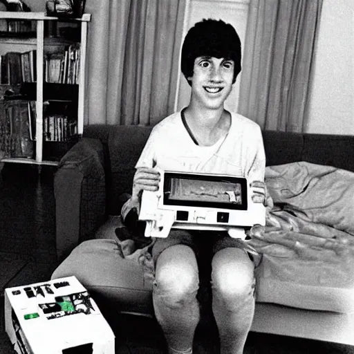 Image similar to christmas morning photo 1 9 8 6 of a typical 1 9 8 0 ’ s teenager after opening their new nintendo game system