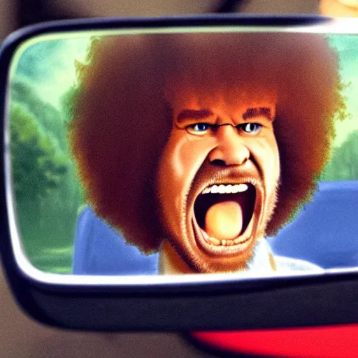 Prompt: a screaming angry bob ross in rear view mirror