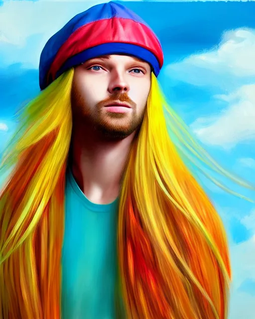 Prompt: colorful painting of a man with long blonde hair and a propeller hat, matte painting, trending on art station, ultra - detailed, hq