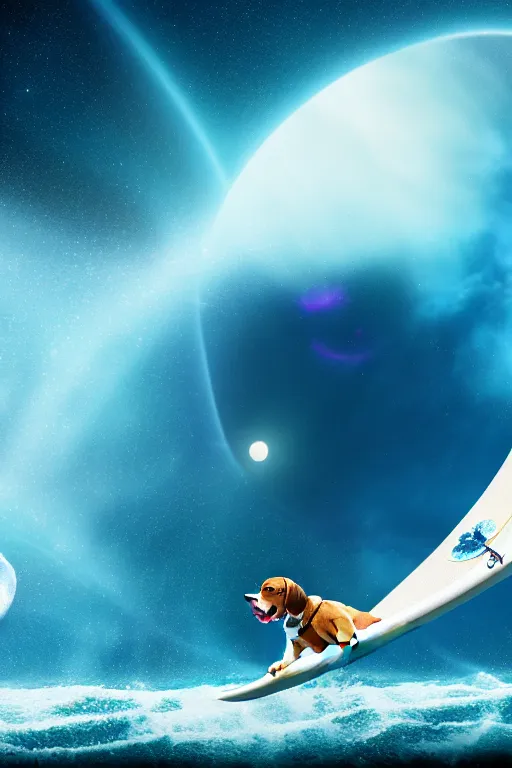 Image similar to beagle dog surfing a surfboard on a sparkly crashing wave of stardust in space, background is a moon in nebula, octane render, unreal engine, wide view, 8 k, highdetaild