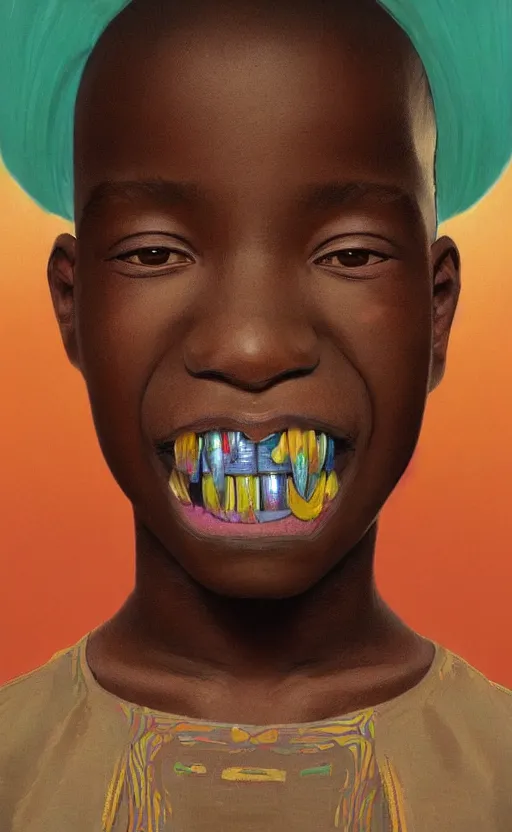 Prompt: colourful upper half portrait of an african boy with sliver teeth grillz, art by hsiao - ron cheng & alphonse mucha, highly detailed, digital painting, ray tracing, concept art, illustration, smooth sharp focus, intricate, symmetry, artstation,