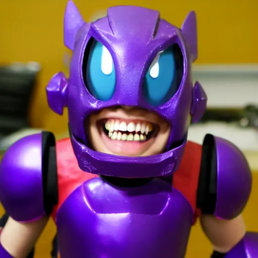 Image similar to evil megaman grinning, red eyes and purple armour