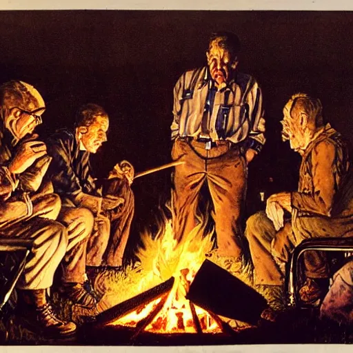 Image similar to a chair burning in a campfire, its night and in the background there is a scientist watching, norman rockwell artwork